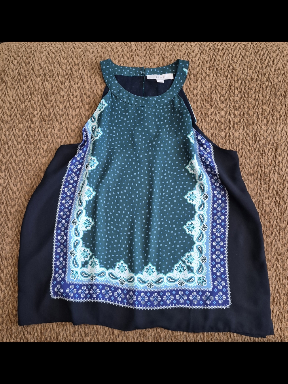 LOFT Teal and Navy Printed Halter Tank Top